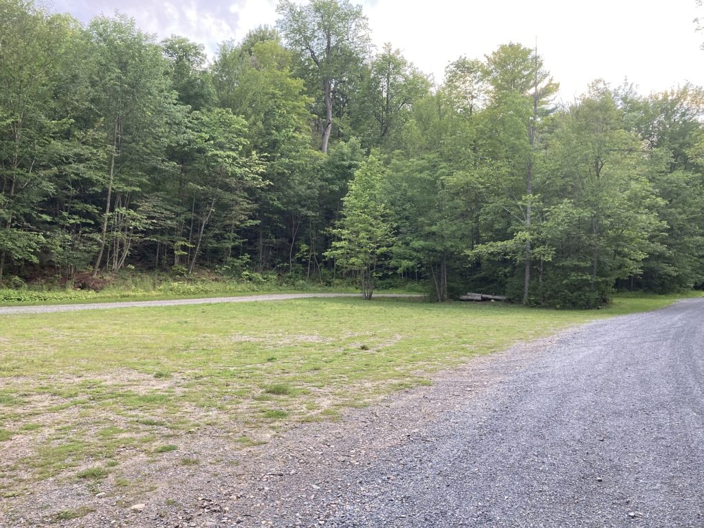 The grassy parking area for Lake of the Woods NY fishing and public boat launch