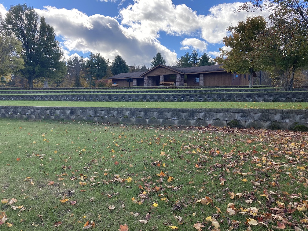 View of the recreation center at Jacques Cartier taken near the beach, with leaves partially covering the grass - photograph taken November 2021