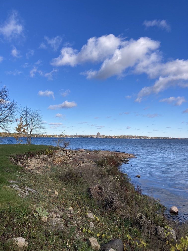 Photograph of the Saint Lawrence River taken from Jacques Cartier State Park.  On the other side of the blue water, the Canadian city of Brockville can see seen in the distance