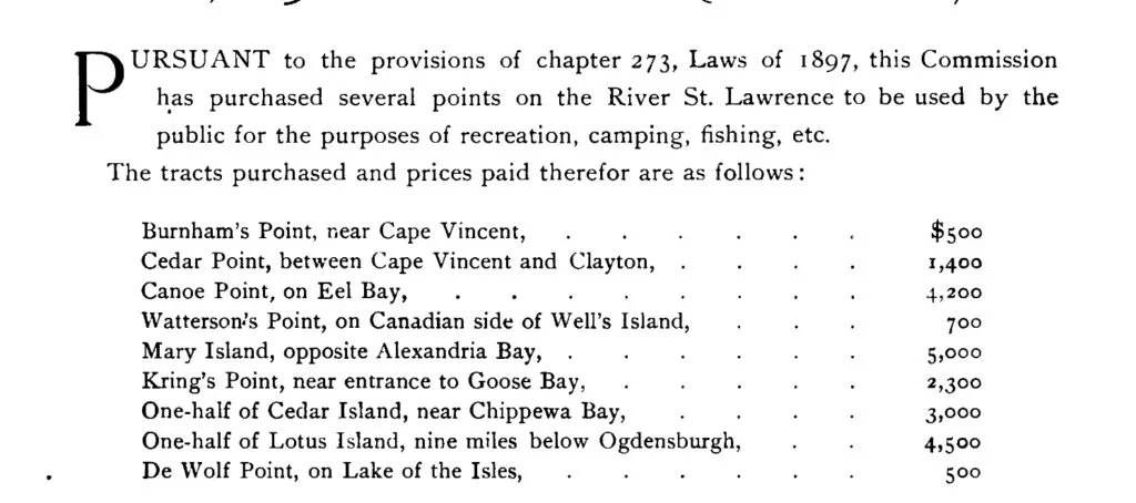List of properties purchased by the State of New York in the Thousand Islands region for the purpose of recreation around the same time as Kring Point 