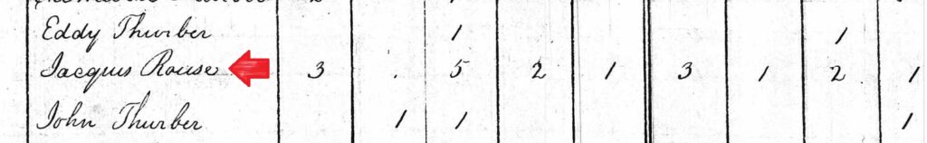 Entry for Jacques Rouse in the 1800 US Federal Census showing numbers after his name indicating the number of people in each age group in his household