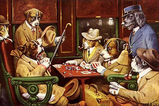 Dogs in this painting are dressed like human males and have hats, canes, and jackets, and are playing poker around a small wooden table 