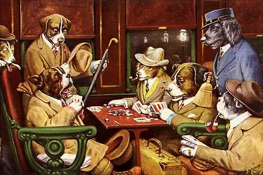 Dogs in this painting are dressed like human males and have hats, canes, and jackets, and are playing poker around a small wooden table 