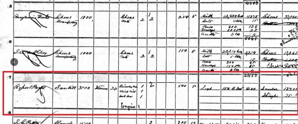A portion of the 1870 US Federal Non-Population Census that shows the entry for the Payne Lake Sawmill, with additional details visible