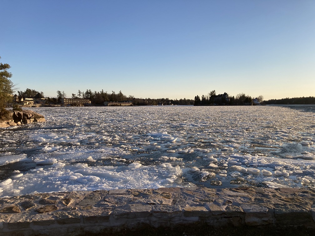 St Lawrence River in Alexandria Bay February - the ice looks choppy and broken-up, with some water visible